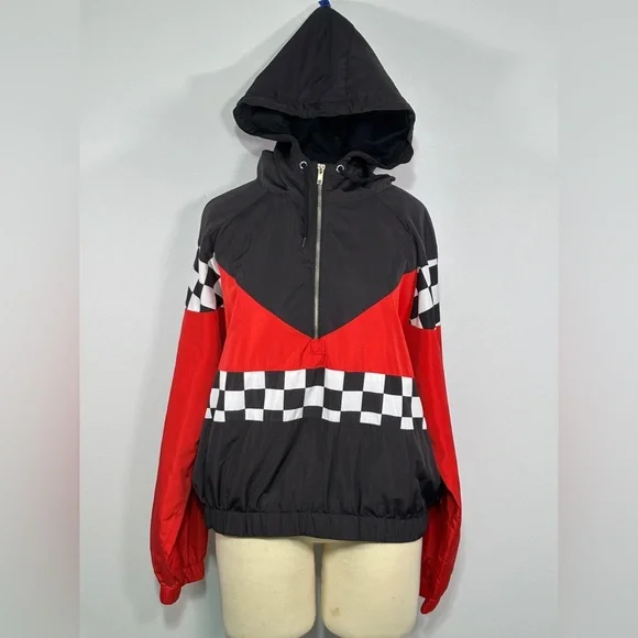 Forever 21 Racing Windbreaker 1/2 Zip Jacket Black Red Checkered Women L Hooded - Picture 1 of 5